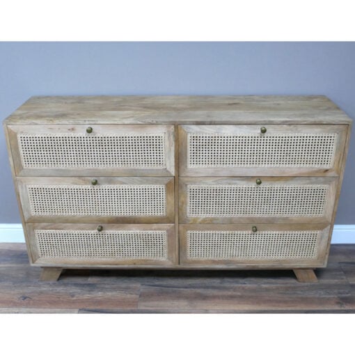 Boho Rustic Solid Light Mango Wood And Rattan Cane Large 6 Drawer Chest Of Drawers 150cm