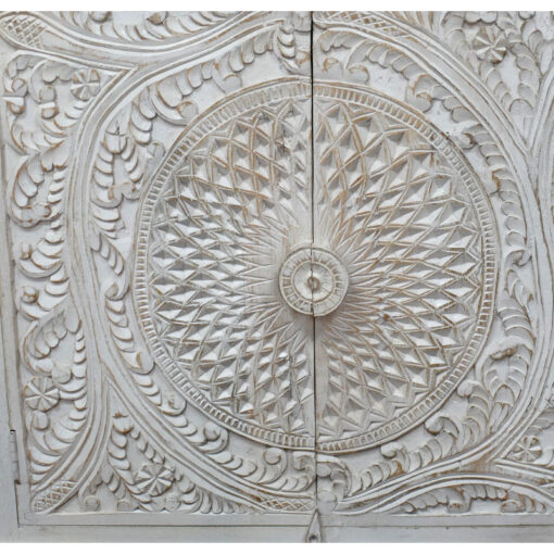Boho Rustic Solid White Washed Mango Wood Mandala Carved Large Sideboard 180cm