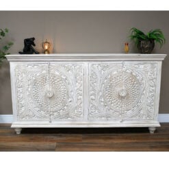 Boho Rustic Solid White Washed Mango Wood Mandala Carved Large Sideboard 180cm