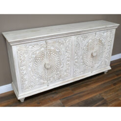 Boho Rustic Solid White Washed Mango Wood Mandala Carved Large Sideboard 180cm
