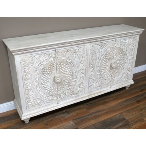 Boho Rustic Solid White Washed Mango Wood Mandala Carved Large Sideboard 180cm