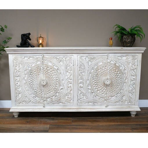 Boho Rustic Solid White Washed Mango Wood Mandala Carved Large Sideboard 180cm Boho Rustic Solid White Washed Mango Wood Mandala Carved Large Sideboard 180cm