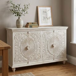 Boho Rustic Solid White Washed Mango Wood Mandala Carved Large Sideboard 180cm