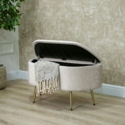 Half Moon Cream Pleated Velvet Bedroom Storage Bench With Gold Legs Ottoman 85cm