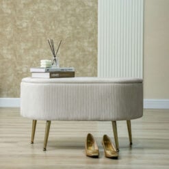 Half Moon Cream Pleated Velvet Bedroom Storage Bench With Gold Legs Ottoman 85cm