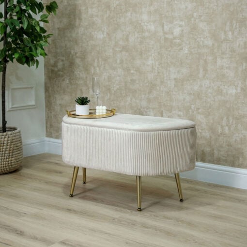 Half Moon Cream Pleated Velvet Bedroom Storage Bench With Gold Legs Ottoman 85cm