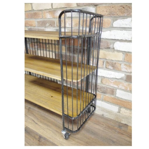 Industrial Black Metal And Solid Wood Cage Style 3 Tier Shelving Unit Bookcase Drinks Trolley With Wheels