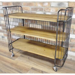 Industrial Black Metal And Solid Wood Cage Style 3 Tier Large Shelving Unit Bookcase Drinks Trolley With Wheels
