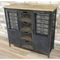 Industrial Distressed Black Metal And Solid Wood Multi Drawer Apothecary Cabinet