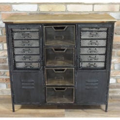 Industrial Distressed Black Metal And Solid Wood Multi Drawer Apothecary Cabinet
