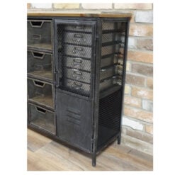 Industrial Distressed Black Metal And Solid Wood Multi Drawer Apothecary Cabinet