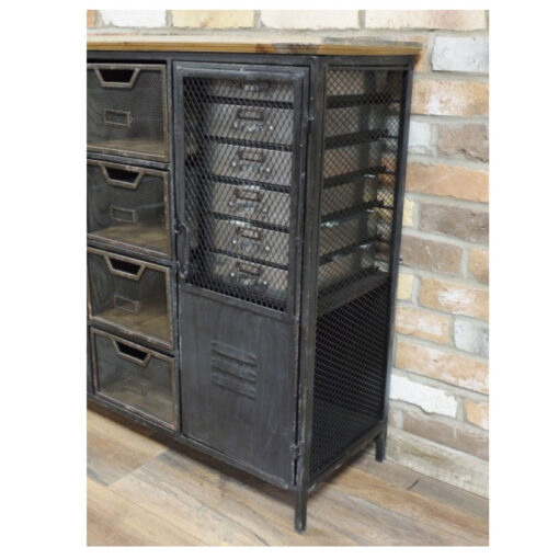Industrial Distressed Black Metal And Solid Wood Multi Drawer Apothecary Cabinet