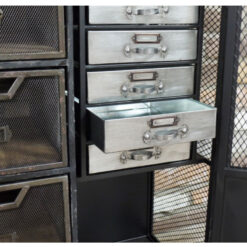 Industrial Distressed Black Metal And Solid Wood Multi Drawer Apothecary Cabinet