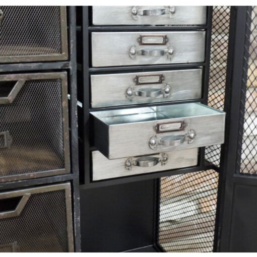 Industrial Distressed Black Metal And Solid Wood Multi Drawer Apothecary Cabinet