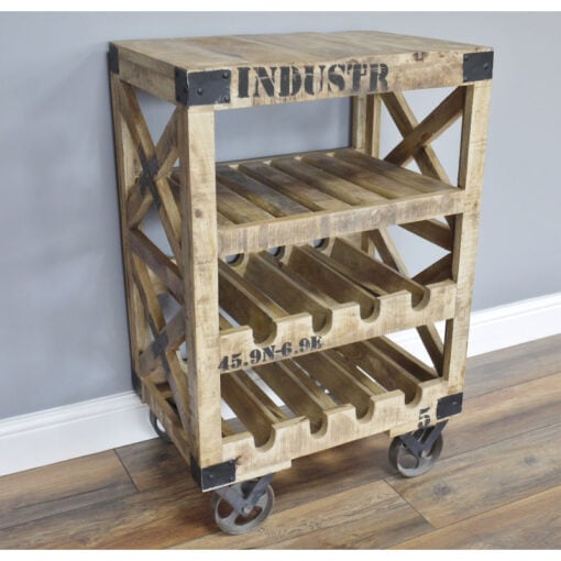 Industrial Solid Mango Wood And Black Metal 4 Tier Drinks Trolley With Wine Storage 88cm