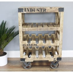 Industrial Solid Mango Wood And Black Metal 4 Tier Drinks Trolley With Wine Storage 88cm