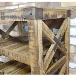 Industrial Solid Mango Wood And Black Metal 4 Tier Drinks Trolley With Wine Storage 88cm