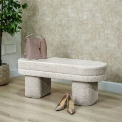 Oval Cream Chenille Upholstered Dressing Room Bedroom Bench Ottoman 112cm