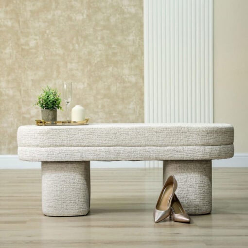 Oval Cream Chenille Upholstered Dressing Room Bedroom Bench Ottoman 112cm