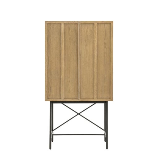 Retro Industrial Panelled Smoked Light Oak Wood And Black Metal 2 Door Drinks Bar Cabinet 160cm