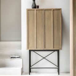 Retro Industrial Panelled Smoked Light Oak Wood And Black Metal 2 Door Drinks Bar Cabinet 160cm