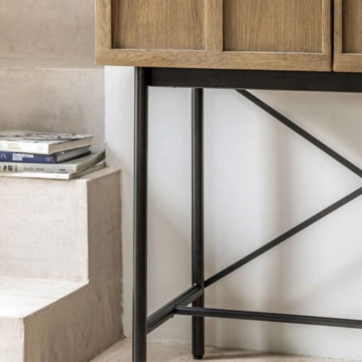 Retro Industrial Panelled Smoked Light Oak Wood And Black Metal 2 Door Drinks Bar Cabinet 160cm