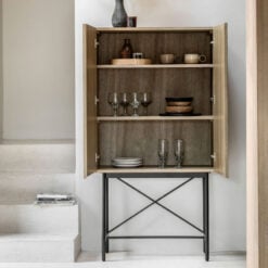 Retro Industrial Panelled Smoked Light Oak Wood And Black Metal 2 Door Drinks Bar Cabinet 160cm