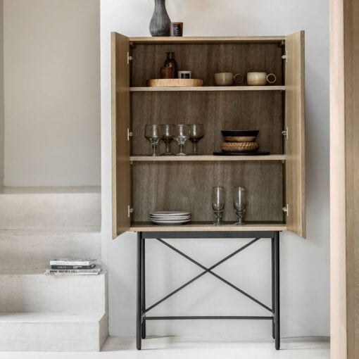 Retro Industrial Panelled Smoked Light Oak Wood And Black Metal 2 Door Drinks Bar Cabinet 160cm