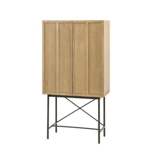 Retro Industrial Panelled Smoked Light Oak Wood And Black Metal 2 Door Drinks Bar Cabinet 160cm