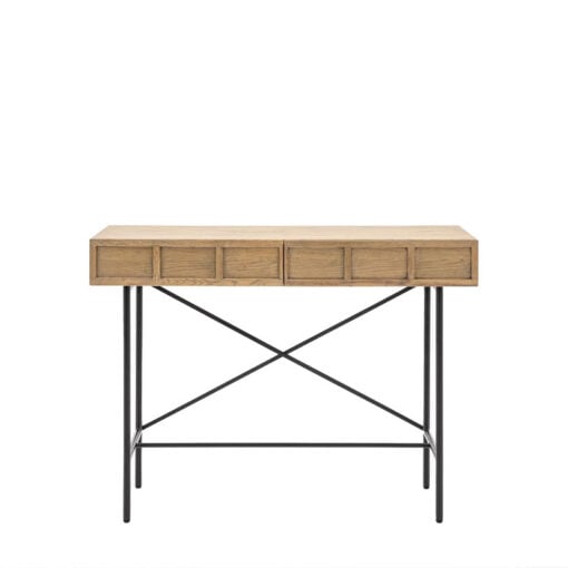 Retro Industrial Panelled Smoked Light Oak Wood And Black Metal 2 Drawer Slim Console Table 110cm