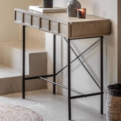 Retro Industrial Panelled Smoked Light Oak Wood And Black Metal 2 Drawer Slim Console Table 110cm