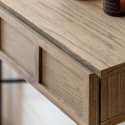 Retro Industrial Panelled Smoked Light Oak Wood And Black Metal 2 Drawer Slim Console Table 110cm