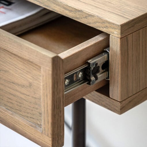 Retro Industrial Panelled Smoked Light Oak Wood And Black Metal 2 Drawer Slim Console Table 110cm