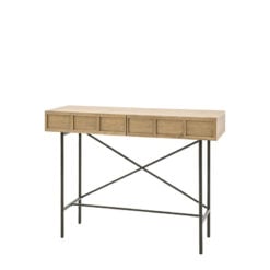 Retro Industrial Panelled Smoked Light Oak Wood And Black Metal 2 Drawer Slim Console Table 110cm