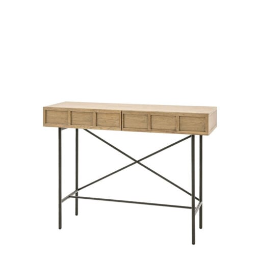 Retro Industrial Panelled Smoked Light Oak Wood And Black Metal 2 Drawer Slim Console Table 110cm