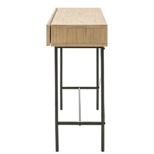 Retro Industrial Panelled Smoked Light Oak Wood And Black Metal 2 Drawer Slim Console Table 110cm