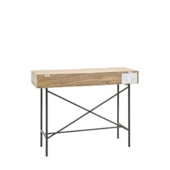 Retro Industrial Panelled Smoked Light Oak Wood And Black Metal 2 Drawer Slim Console Table 110cm