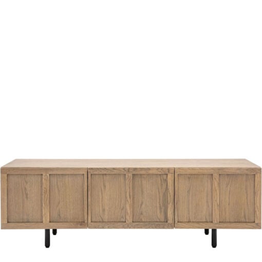 Retro Industrial Panelled Smoked Light Oak Wood And Black Metal 3 Door TV Stand Media Unit 125cm