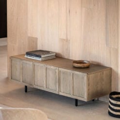 Retro Industrial Panelled Smoked Light Oak Wood And Black Metal 3 Door TV Stand Media Unit 125cm