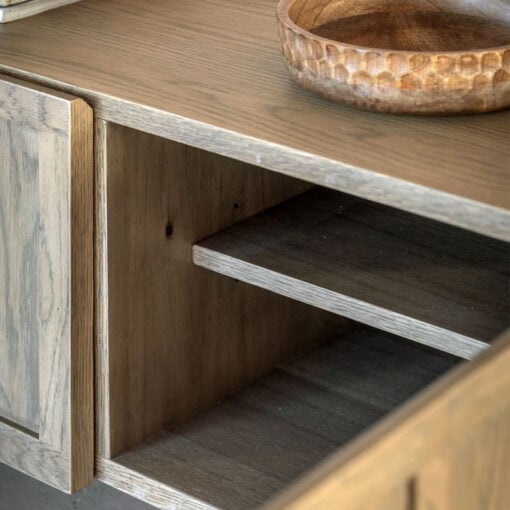 Retro Industrial Panelled Smoked Light Oak Wood And Black Metal 3 Door TV Stand Media Unit 125cm