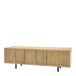 Retro Industrial Panelled Smoked Light Oak Wood And Black Metal 3 Door TV Stand Media Unit 125cm