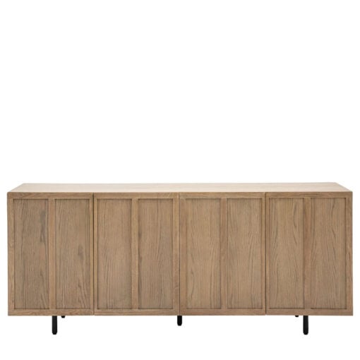 Retro Industrial Panelled Smoked Light Oak Wood And Black Metal 4 Door Large Sideboard 166cm