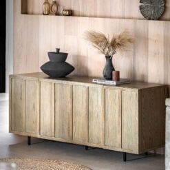 Retro Industrial Panelled Smoked Light Oak Wood And Black Metal 4 Door Large Sideboard 166cm