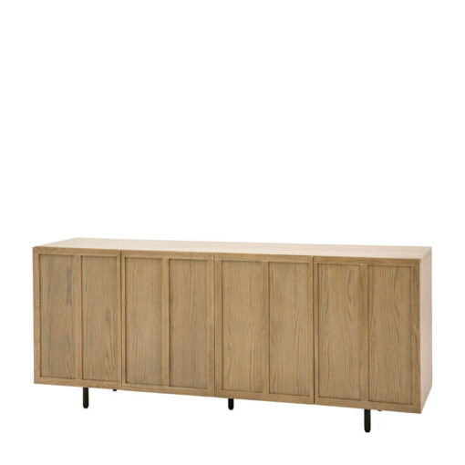 Retro Industrial Panelled Smoked Light Oak Wood And Black Metal 4 Door Large Sideboard 166cm
