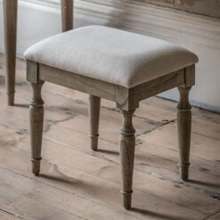 Rustic Country Farmhouse Light Mindy Wood Natural Linen Seat Dressing Stool With Hand Carved Legs