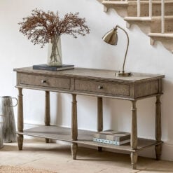 Rustic Country Farmhouse Light Mindy Wood Parquet 2 Drawer 2 Tier Large Console Table 150cm