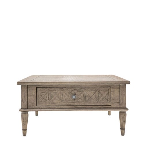 Rustic Country Farmhouse Light Mindy Wood Parquet 2 Drawer Square Coffee Table 90cm