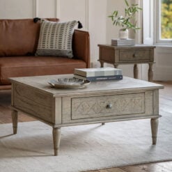 Rustic Country Farmhouse Light Mindy Wood Parquet 2 Drawer Square Coffee Table 90cm