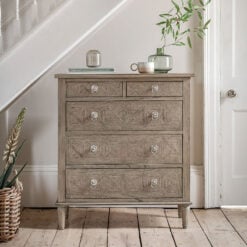 Rustic Country Farmhouse Light Mindy Wood Parquet 5 Drawer Chest Of Drawers
