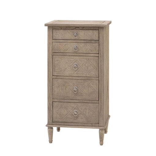 Rustic Country Farmhouse Light Mindy Wood Parquet 5 Drawer Tallboy Chest Of Drawers With Lift Top Vanity Mirror